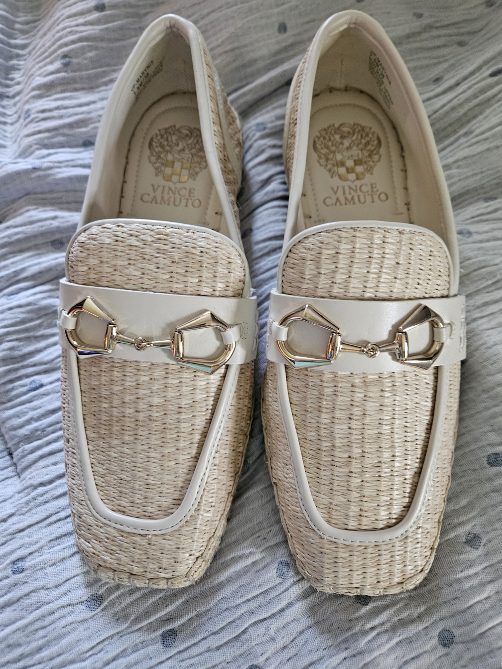 Vince Camuto Cream Woven Loafers with Gold Horsebit